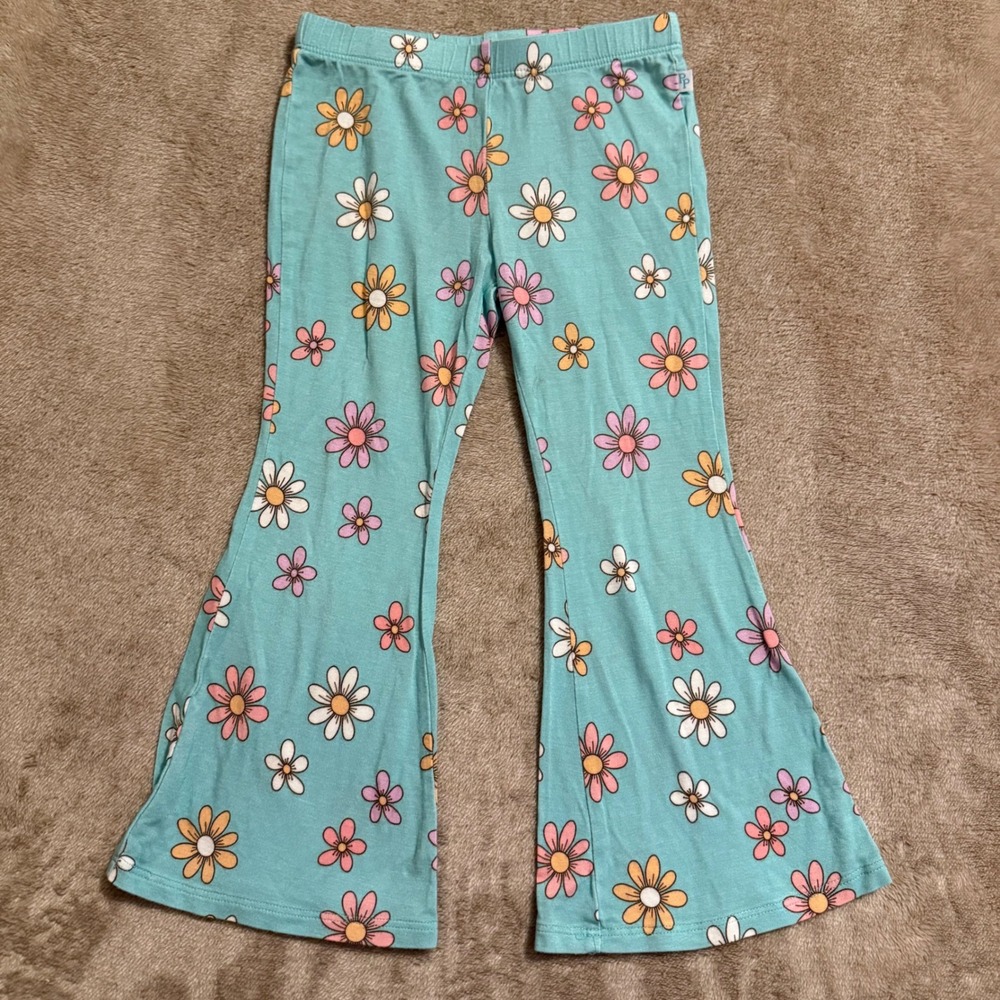 Posh Peanut Girls 2T Aqua Blue Daisy Floral Bell Bottom Flare Pants Retro Flower
